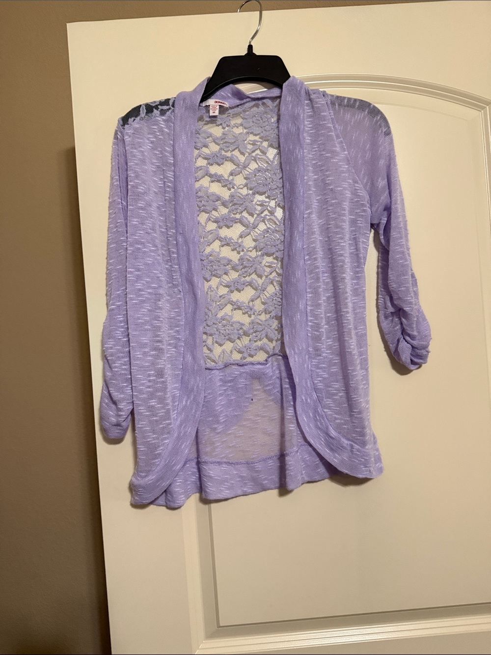 BONGO Lavender Open-Front Lace Back Cardigan